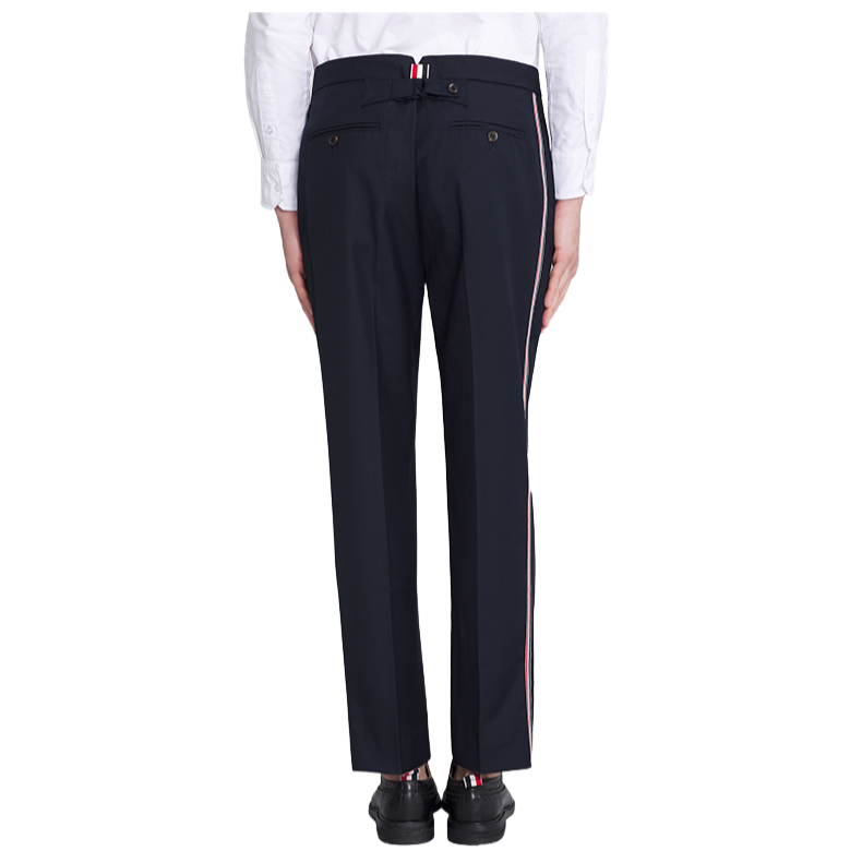 Thom Browne Style Men's Casual Trousers - 100% Wool with Adjustable Backstrap with Signature Four-Bar...