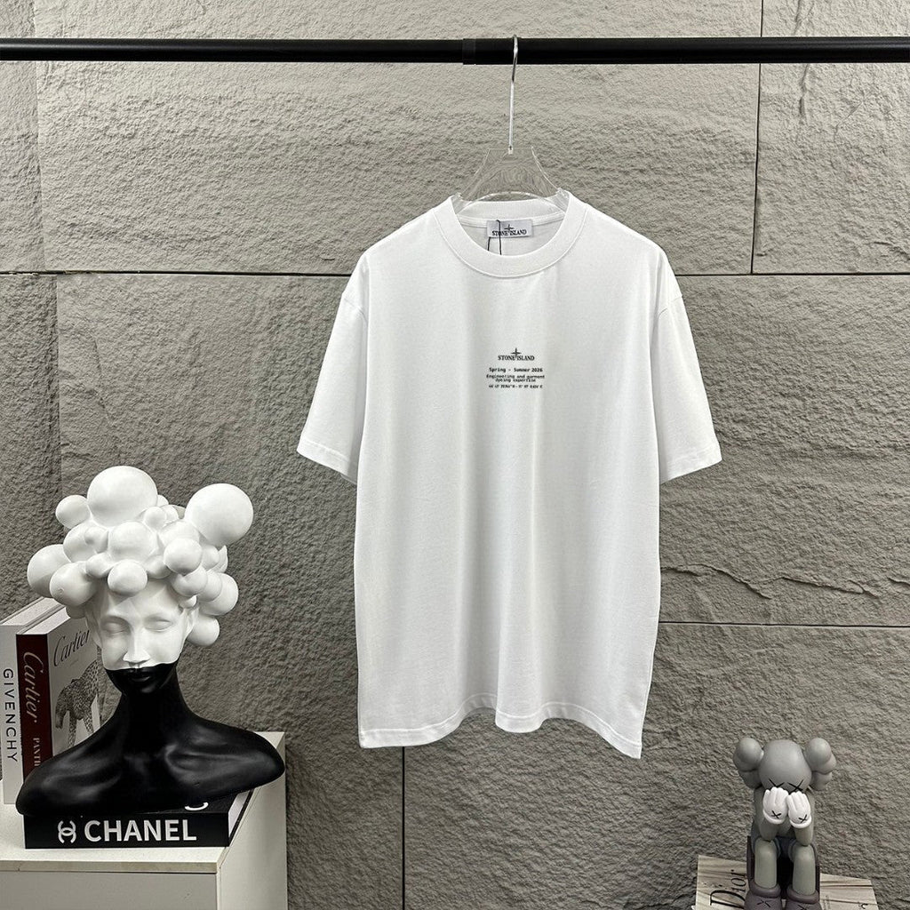 Stone Island Spring–Summer 2026 Distressed Compass Rose Heat-Transfer Print T-Shirt - Front Text Stack, Oversized Back Badge