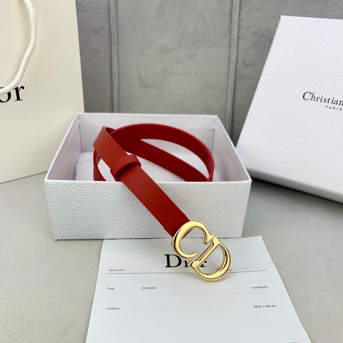 DIOR 25S BELT 20 MM IN RED CALFSKIN WITH GOLD HARDWARE 590777