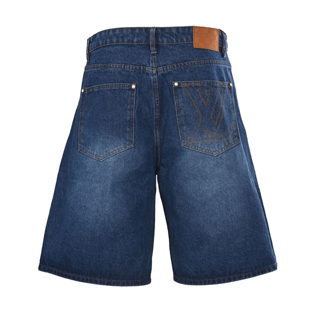 Navy Back-Pocket Embroidered Logo Denim Shorts