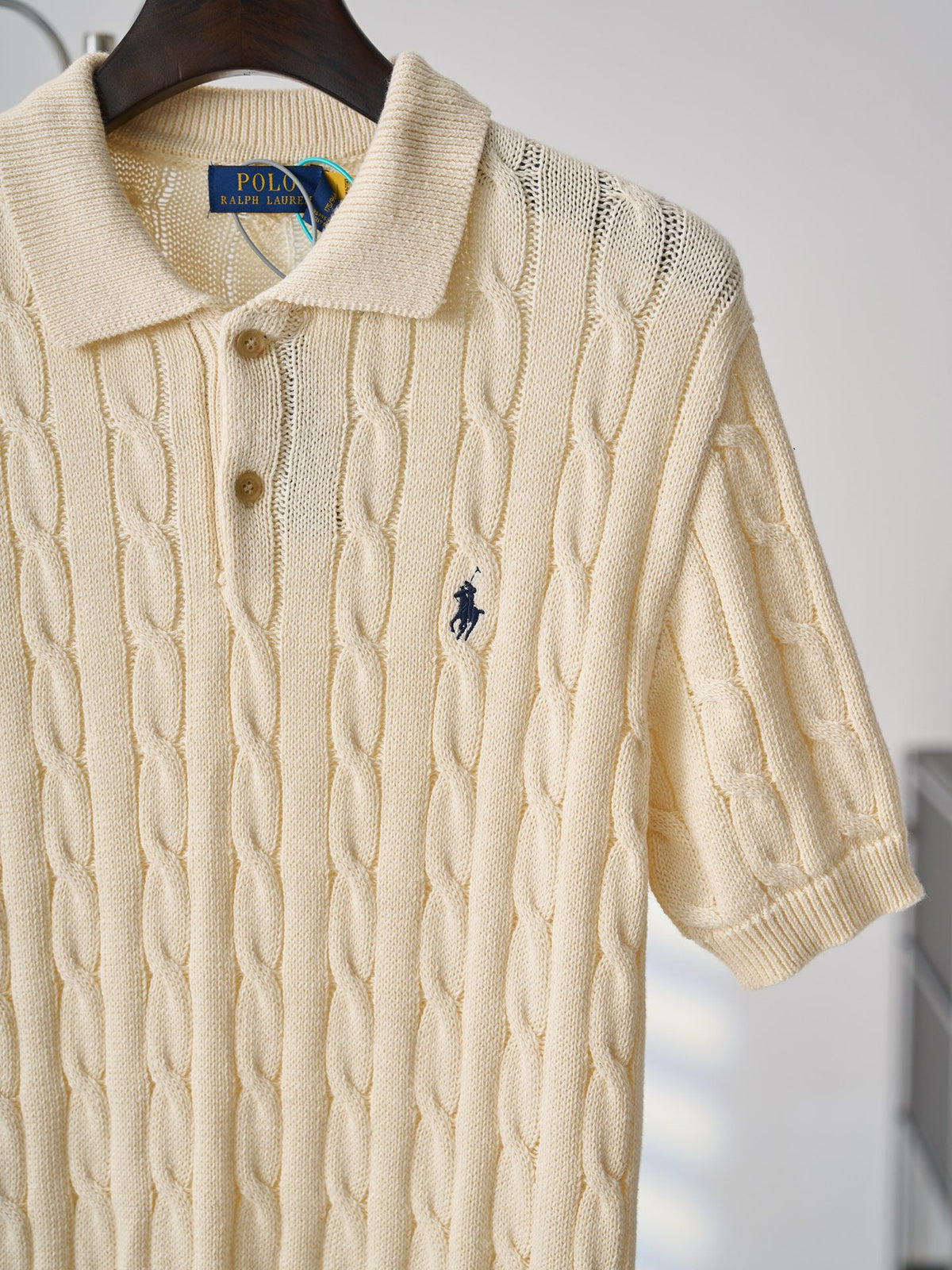 Ralph Lauren Men's Cable‑Knit Short‑Sleeve Polo Shirt, Navy Pony Embroidery