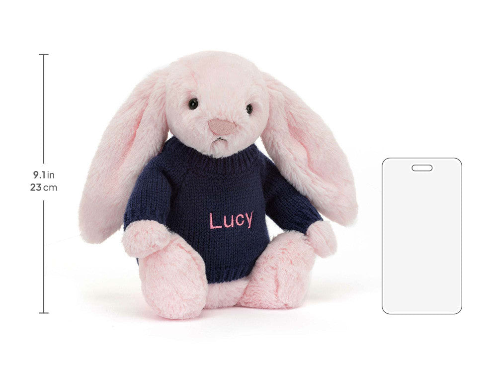 Bashful Pink Bunny with Personalized Navy Jumper
