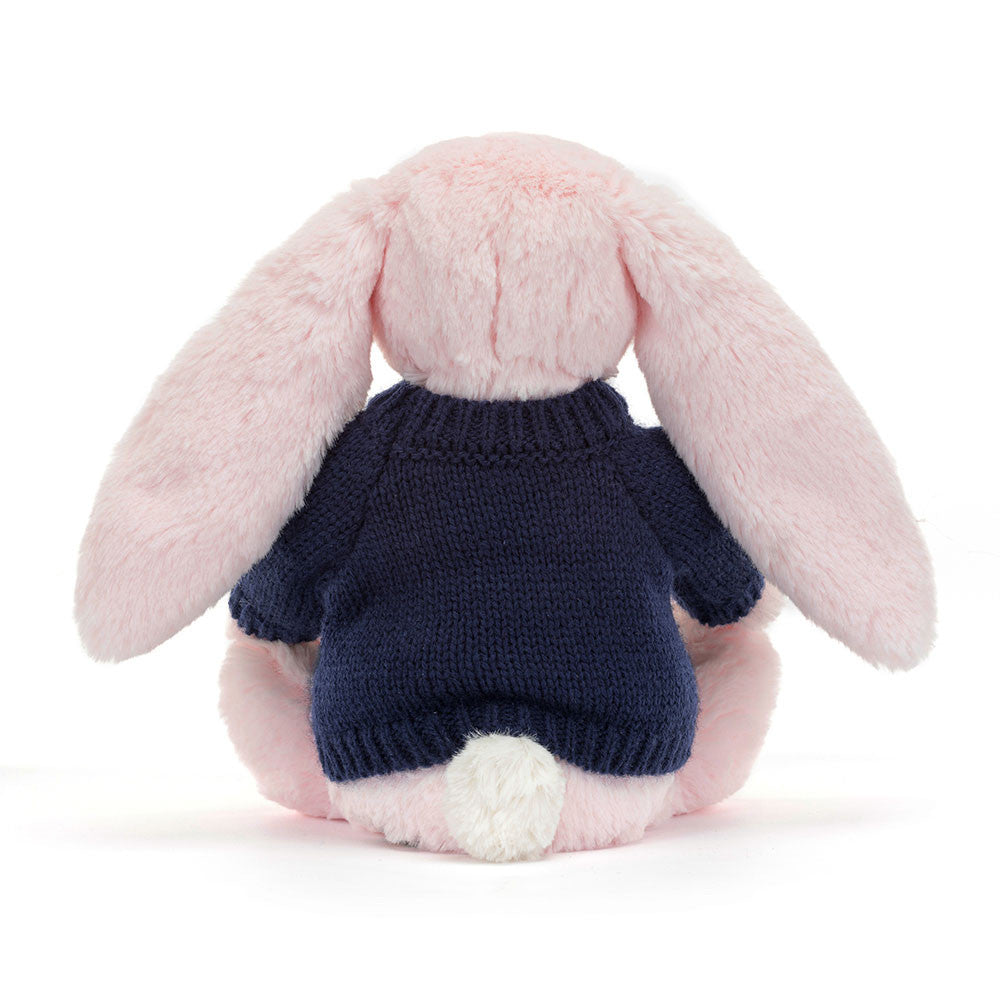 Bashful Pink Bunny with Personalized Navy Jumper