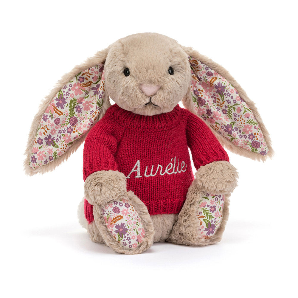 Blossom Beige Bunny 'Petal' with Personalized Red Jumper