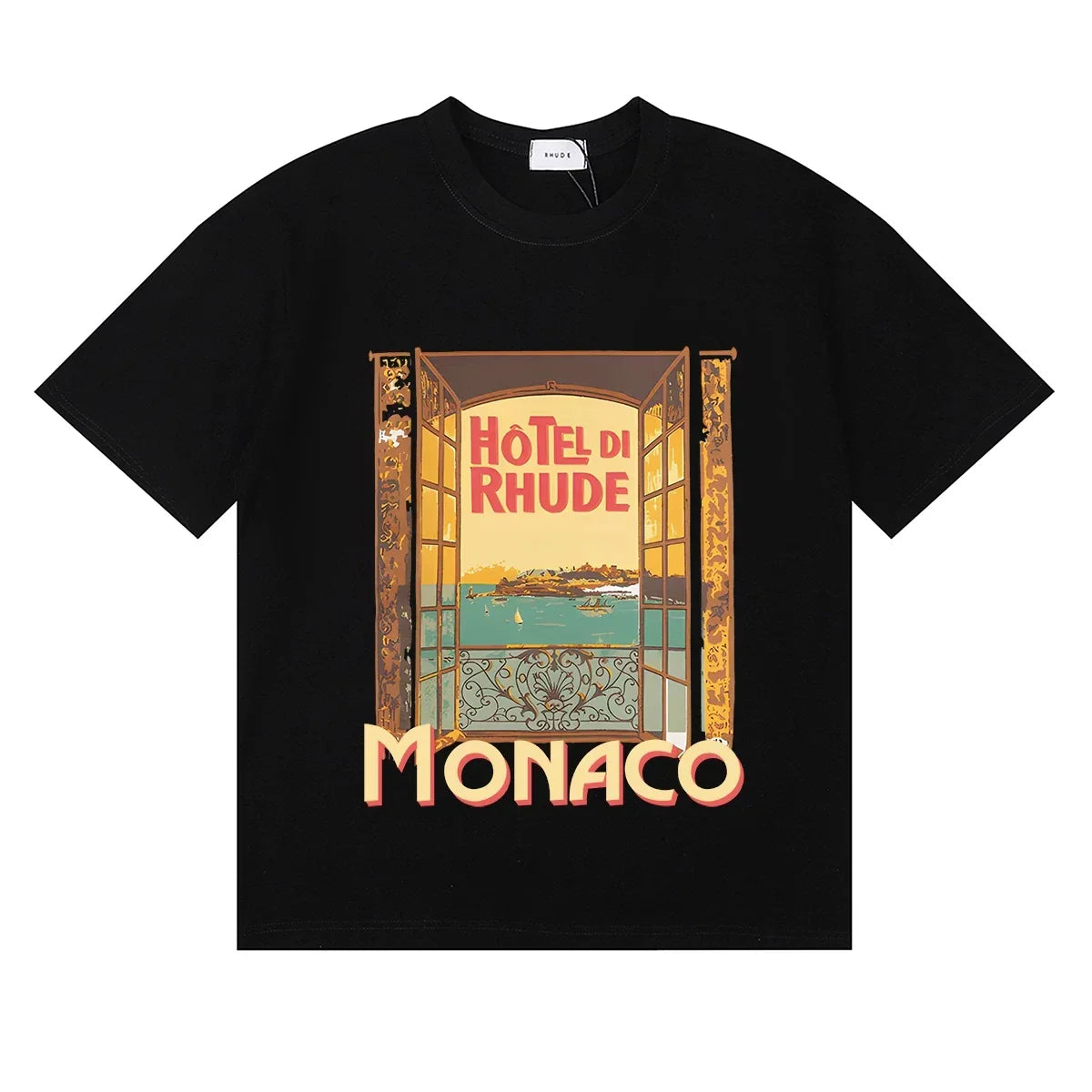 Rhude Hotel Di Rhude Monaco Window View Vintage Black Oversized T‑Shirt