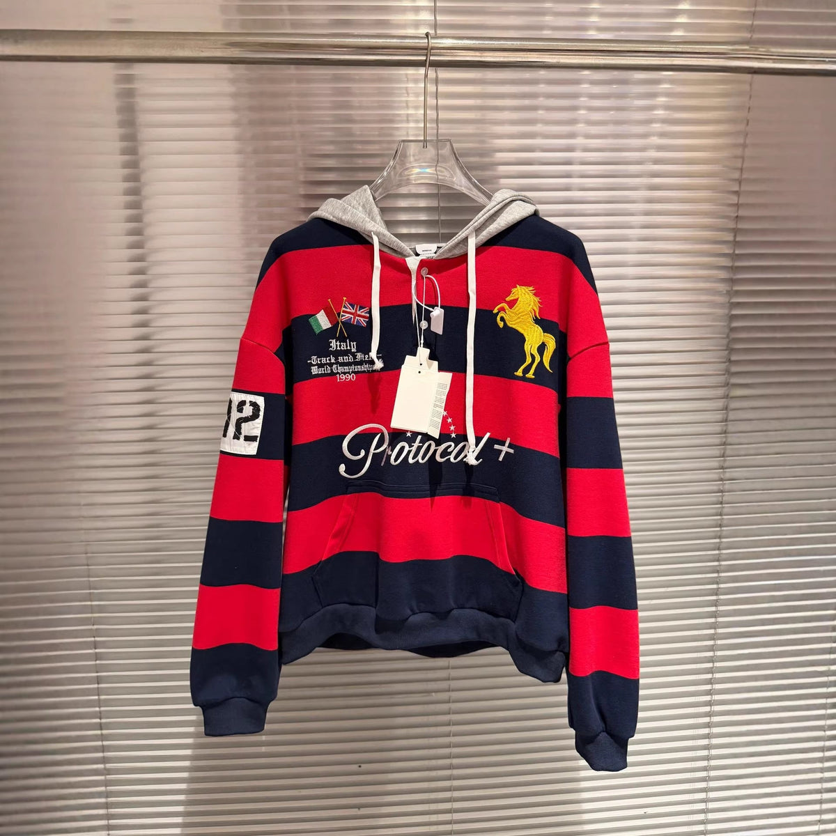 Protocol Index Striped Horse Embroidered Rugby Hoodie Unisex