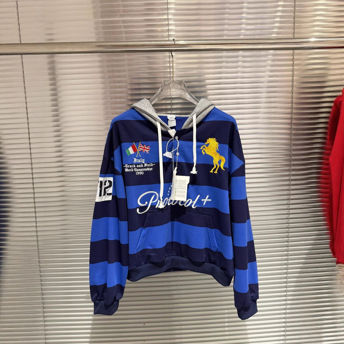 Protocol Index Striped Horse Embroidered Rugby Hoodie Unisex