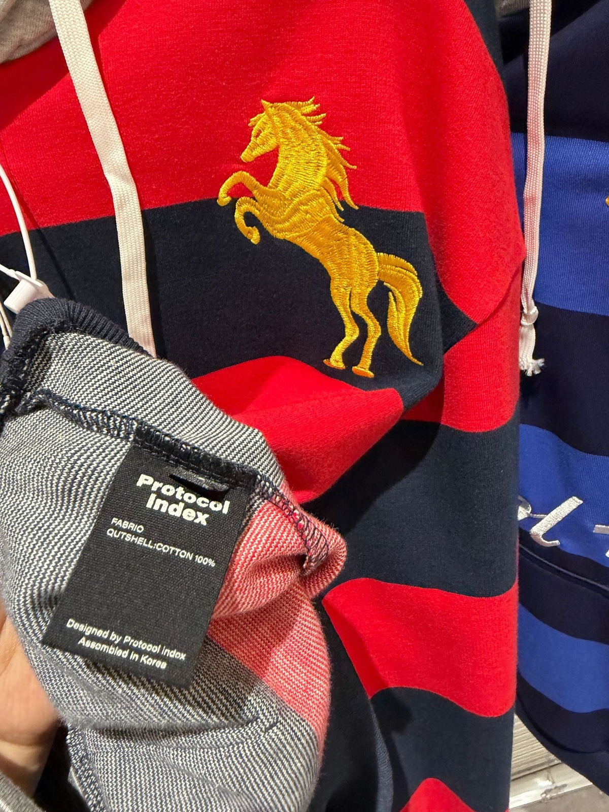 Protocol Index Striped Horse Embroidered Rugby Hoodie Unisex
