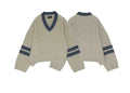ERD Varsity Stripe Cable-Knit V-Neck Sweater - Camel/Slate Blue