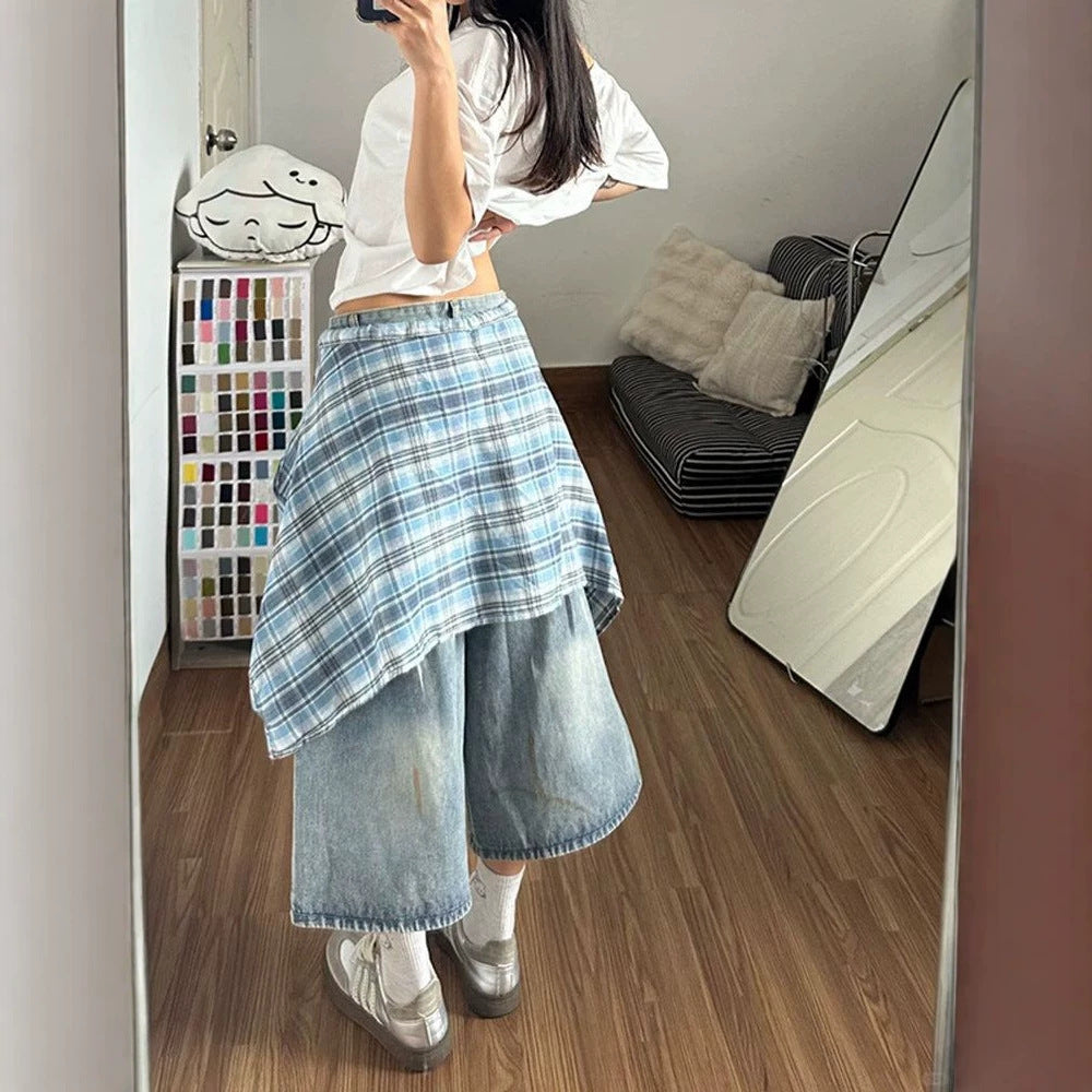 American Retro Plaid Shirt Tail Capri Denim Shorts High Waist Straight