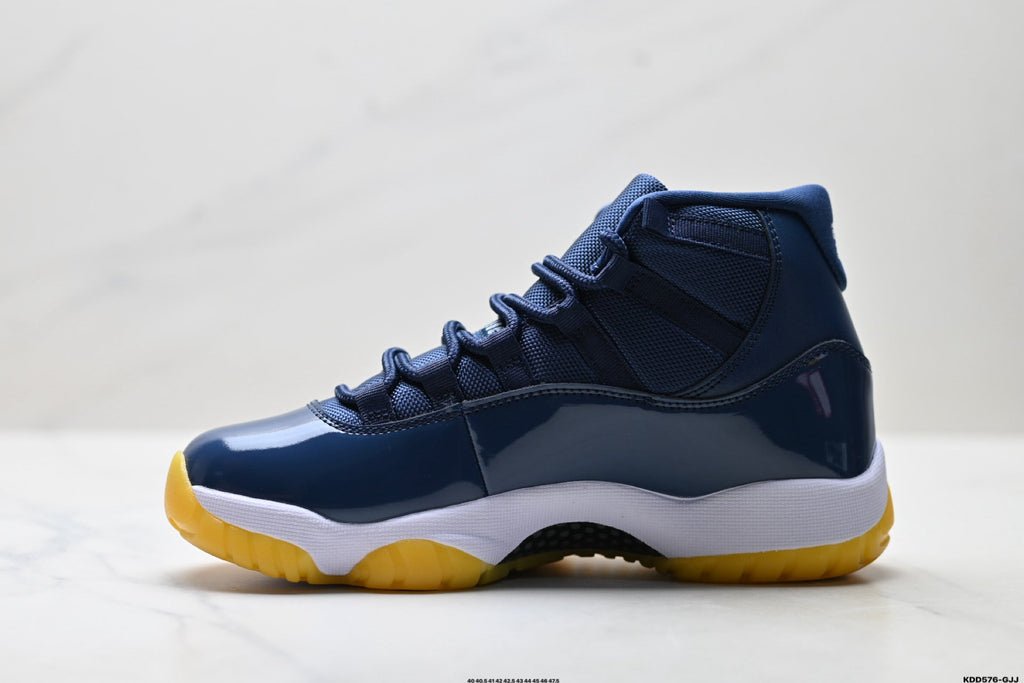 Air Jordan 11 Retro Midnight Navy and Yellow Unisex Sneakers Style 06