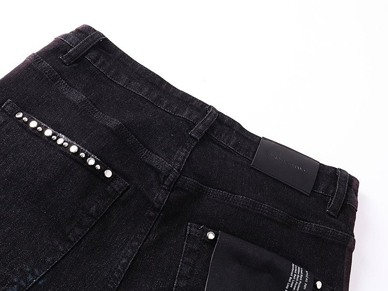 Purple Brand Studded Paint-Splatter Black Jeans