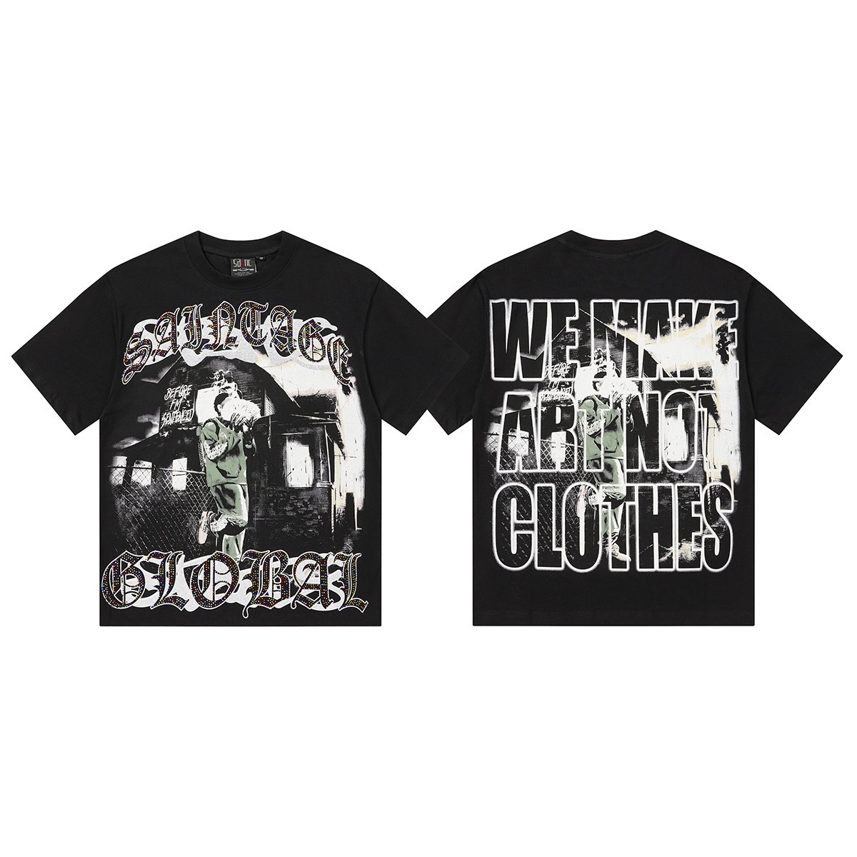 SAINT Black Rhinestone Graphic T-Shirt