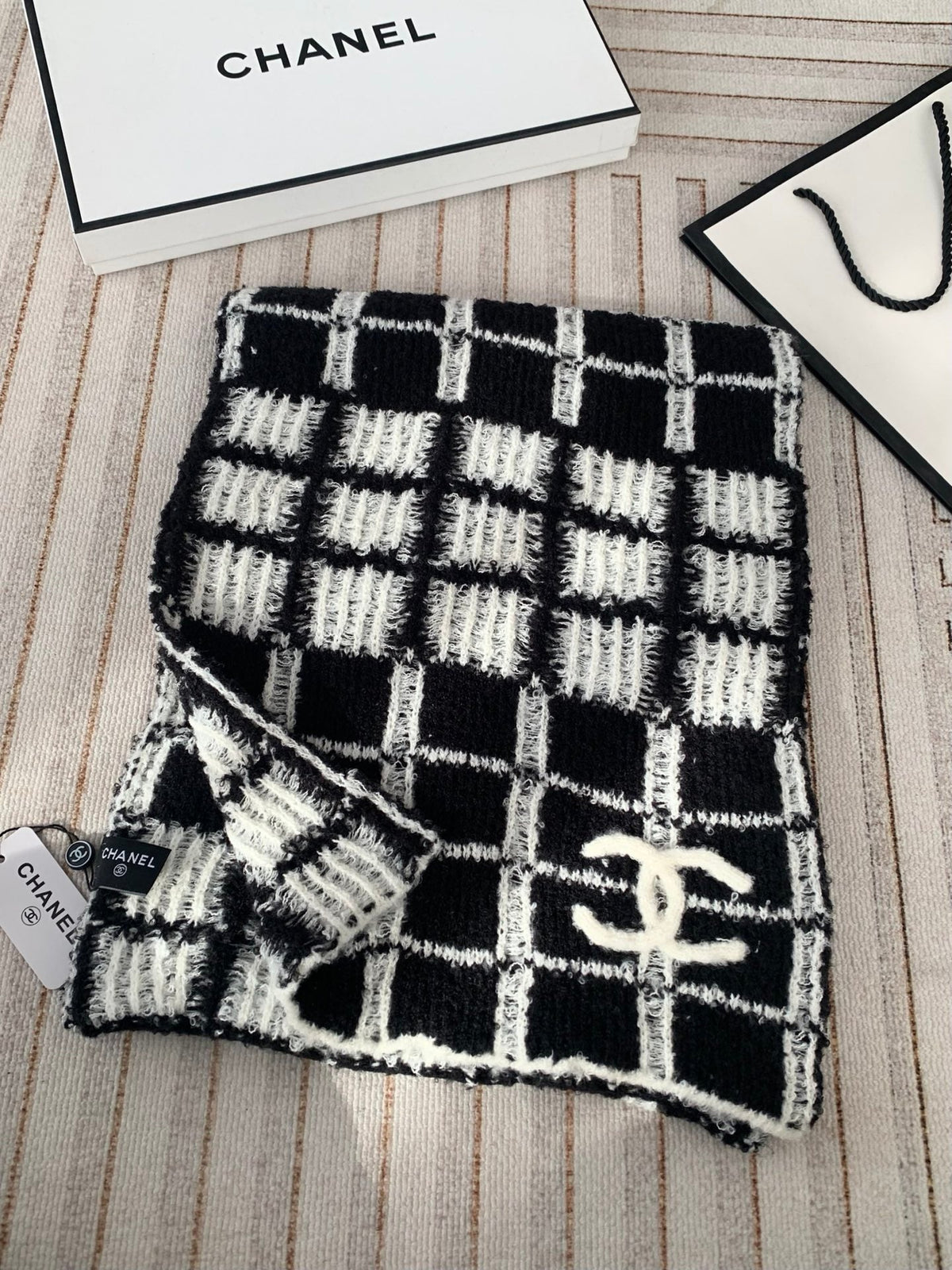 Chanel Style Fuzzy Windowpane Plaid Scarf