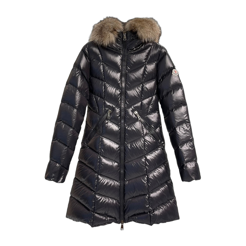 Moncler Fulmarus Chevron-Quilted Fur-Trim Long Coat