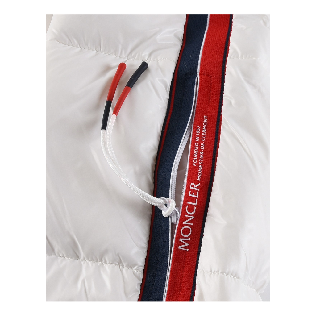 Moncler Tricolour Sleeve-Stripe Glossy Hooded Puffer Jacket