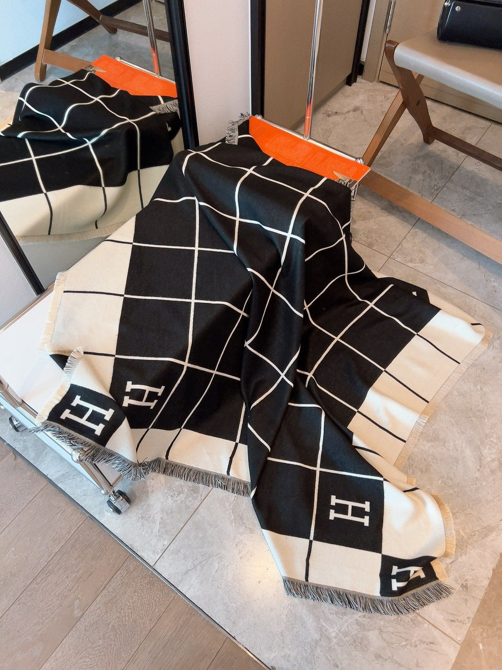 Hermès Black & Cream Grid Square Scarf