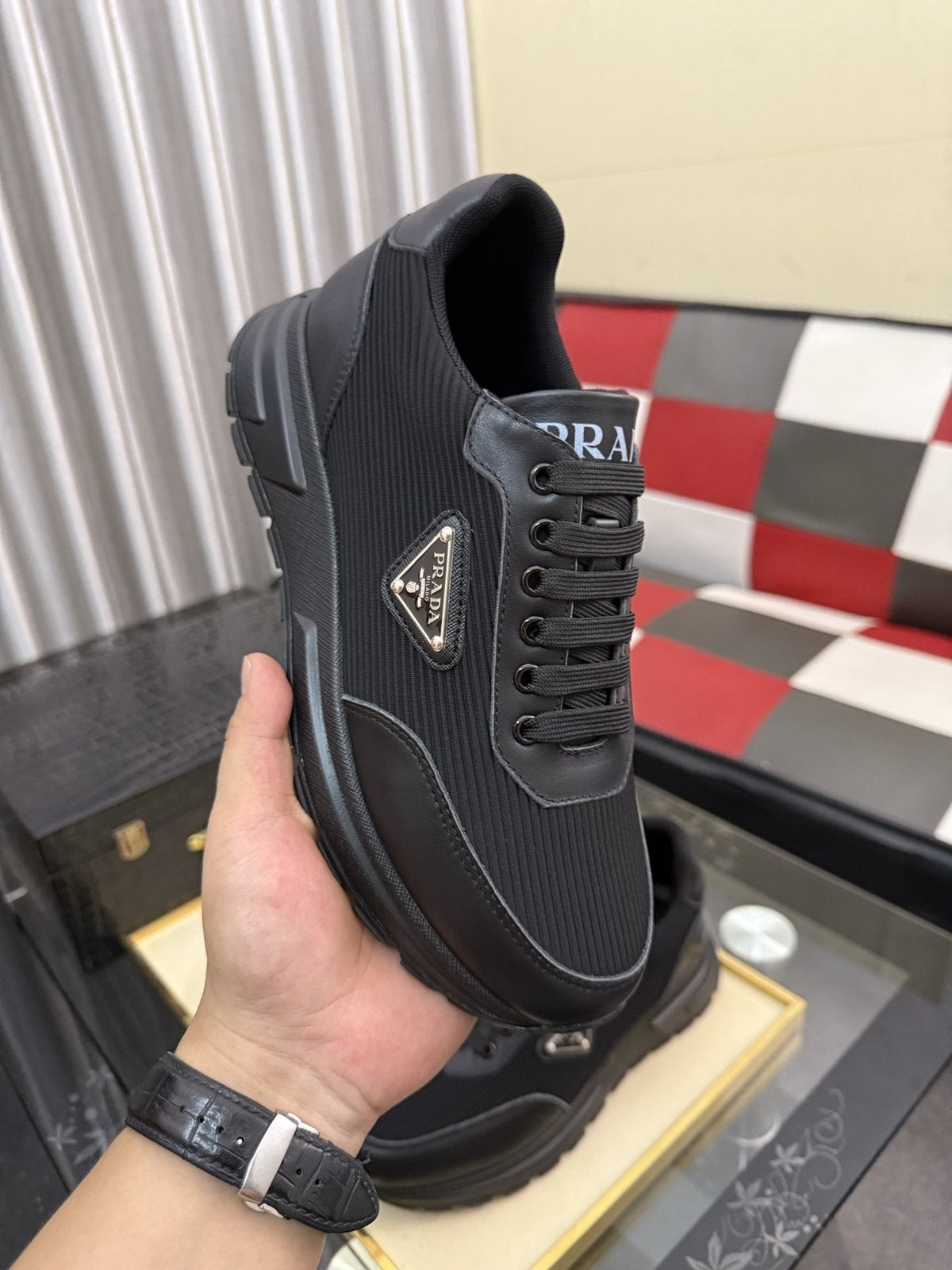 Prada Men's Black Triangle-Detail Sneakers