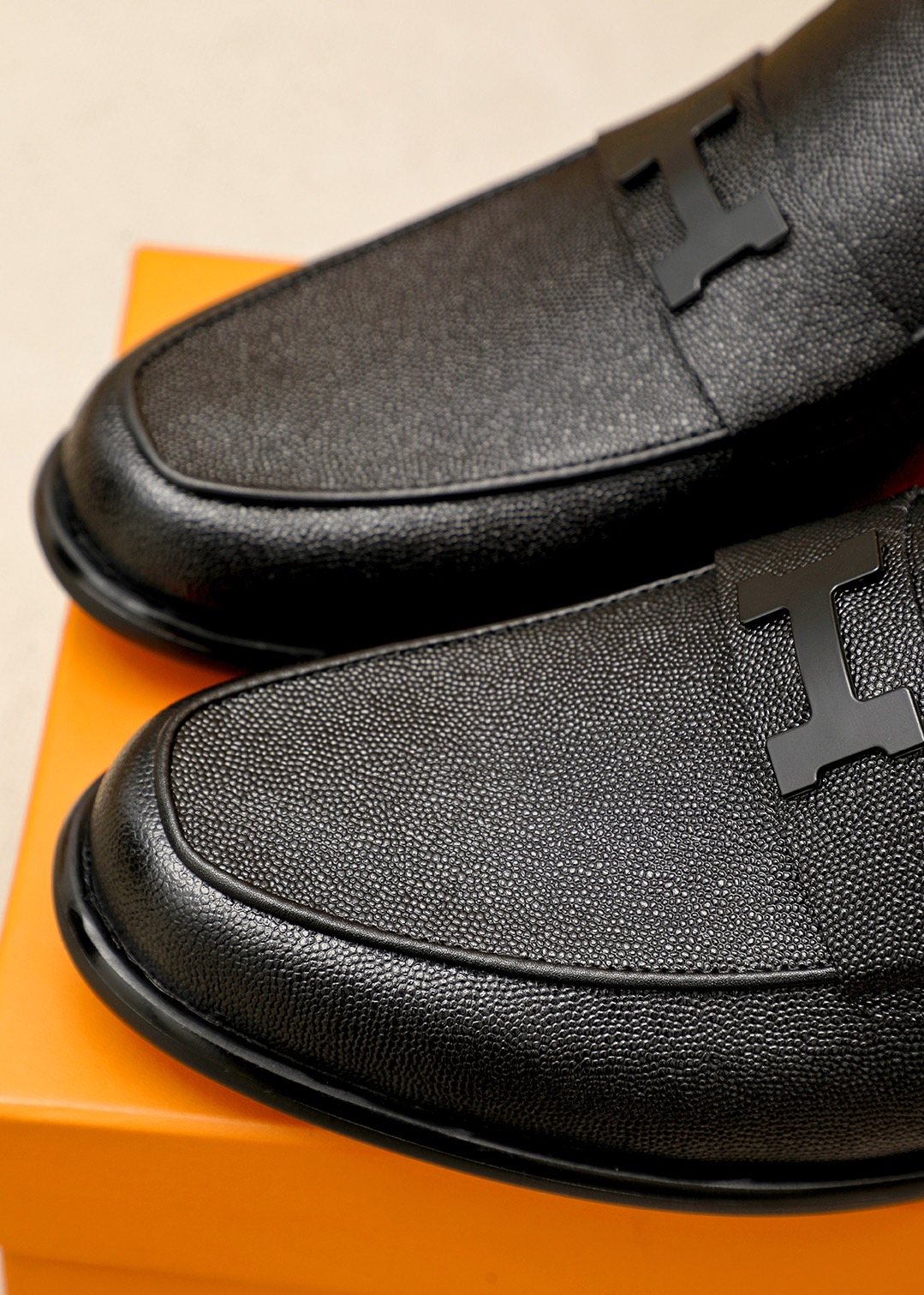 Hermès Black Textured Leather Loafers