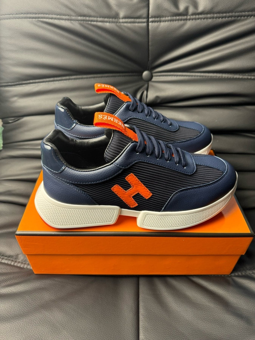 Hermès Navy Orange H-Detail Sneakers