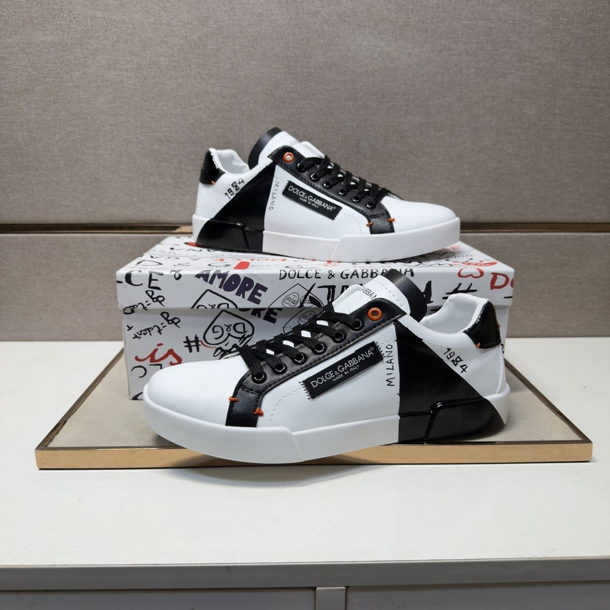 Dolce & Gabbana White Black Orange Low-Top Sneakers