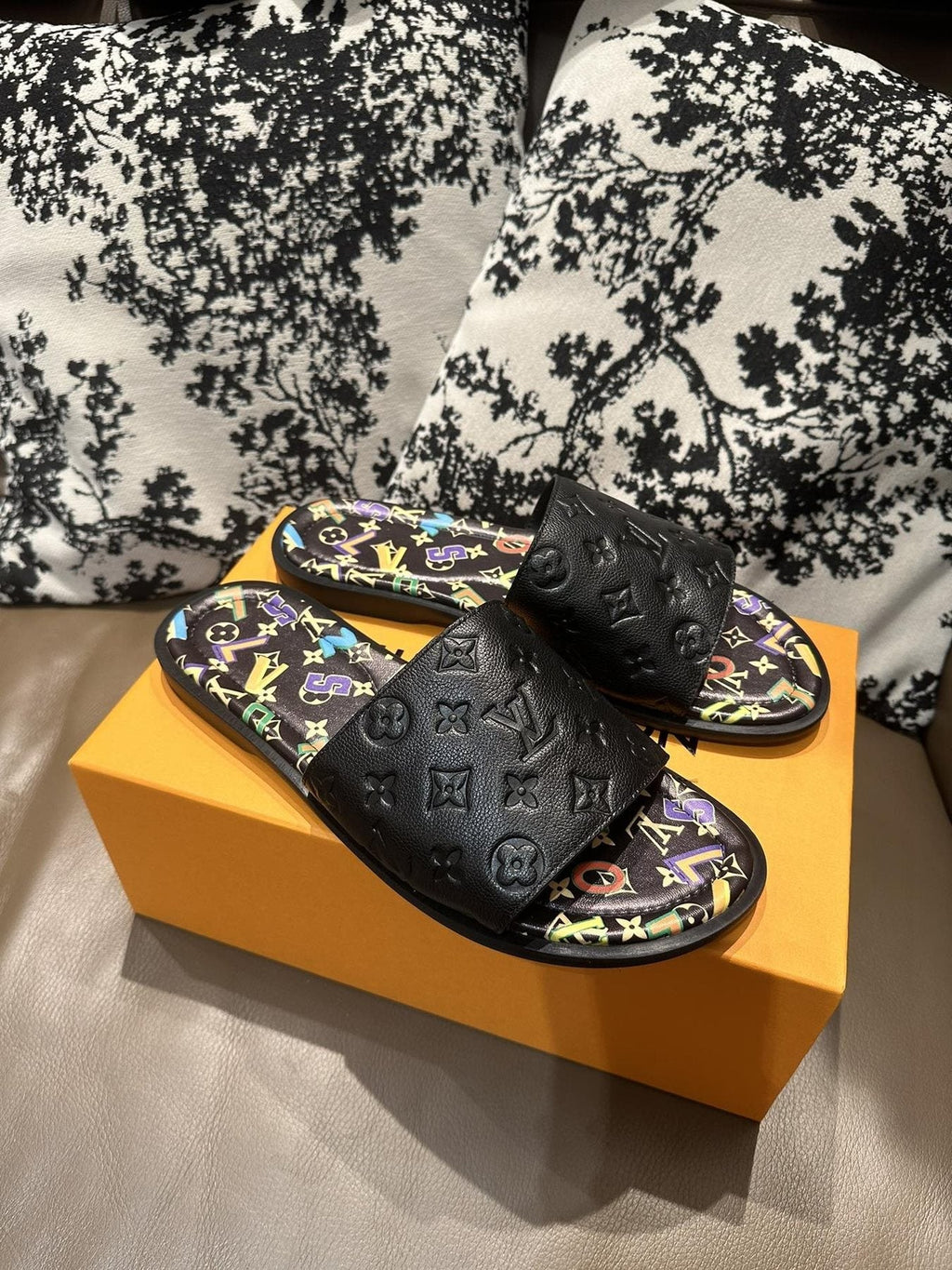 Louis Vuitton Black Embossed Slide Sandals - Open Toe