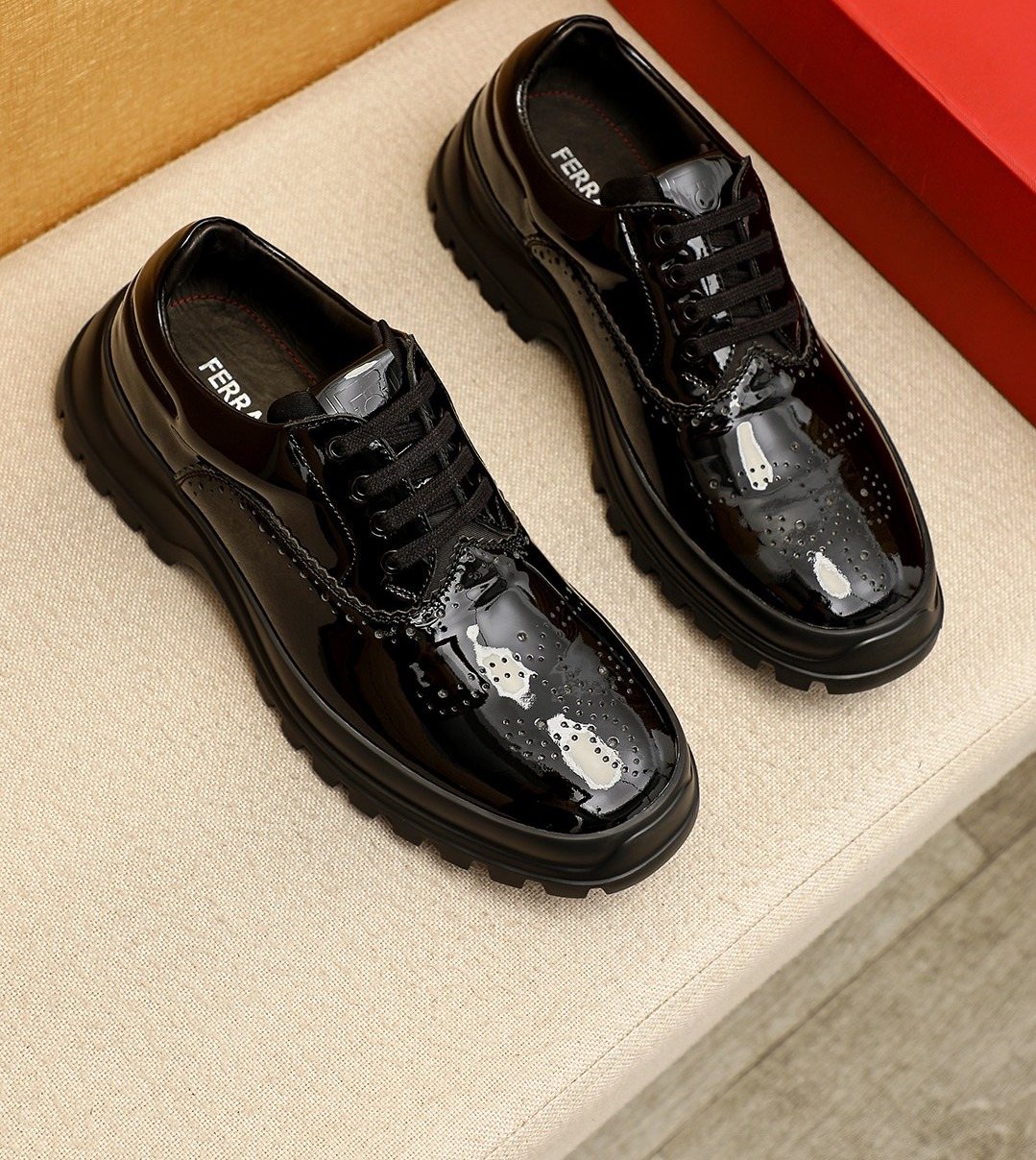 Ferragamo Black Patent Lace-Up Shoes