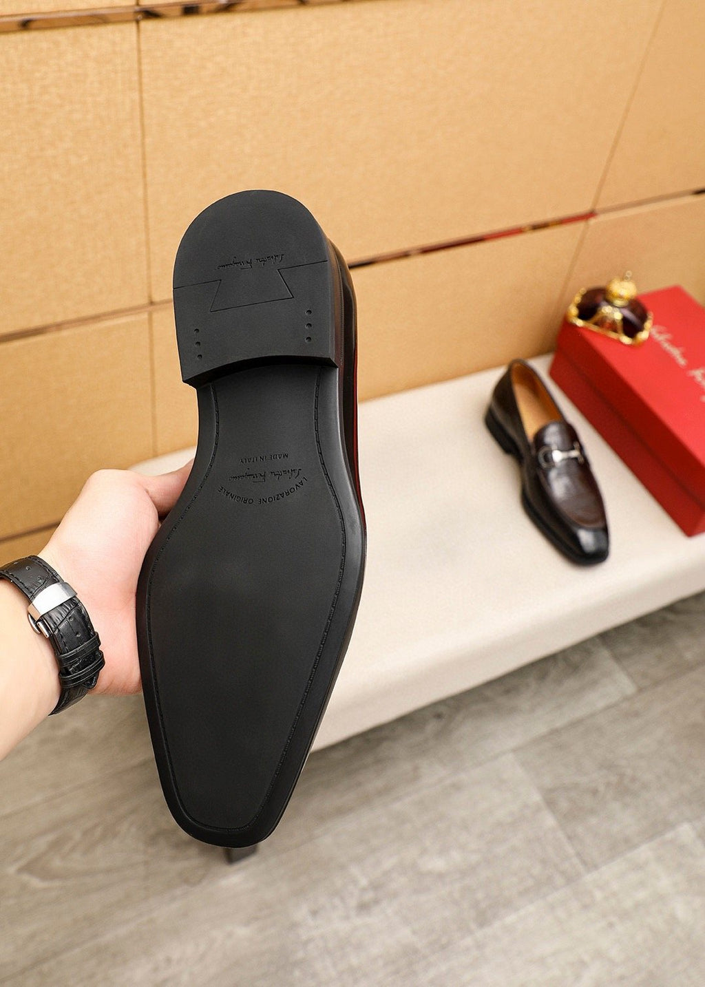Ferragamo Embossed Bit Loafers - Dark Brown and Black
