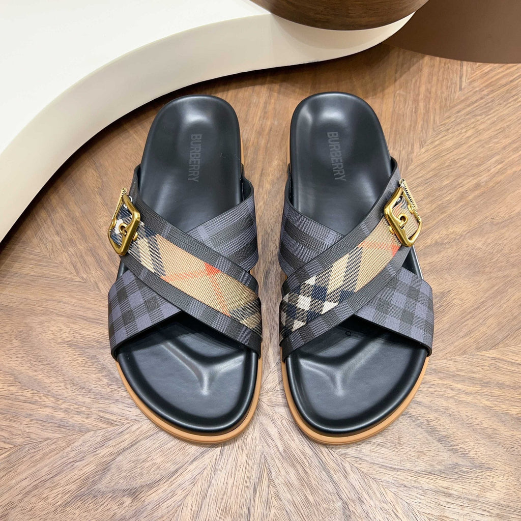 Burberry Charcoal Check Buckle Slide Sandals - Black and Charcoal Check