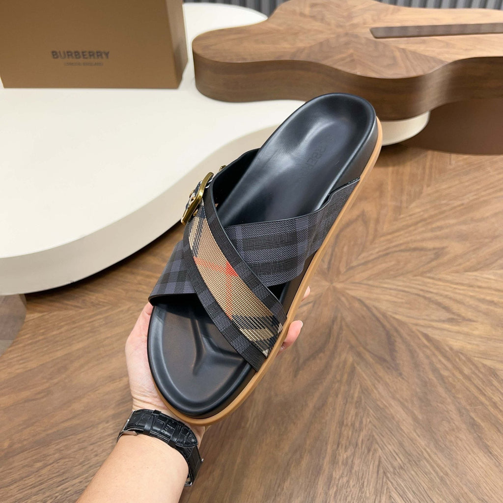 Burberry Charcoal Check Buckle Slide Sandals - Black and Charcoal Check