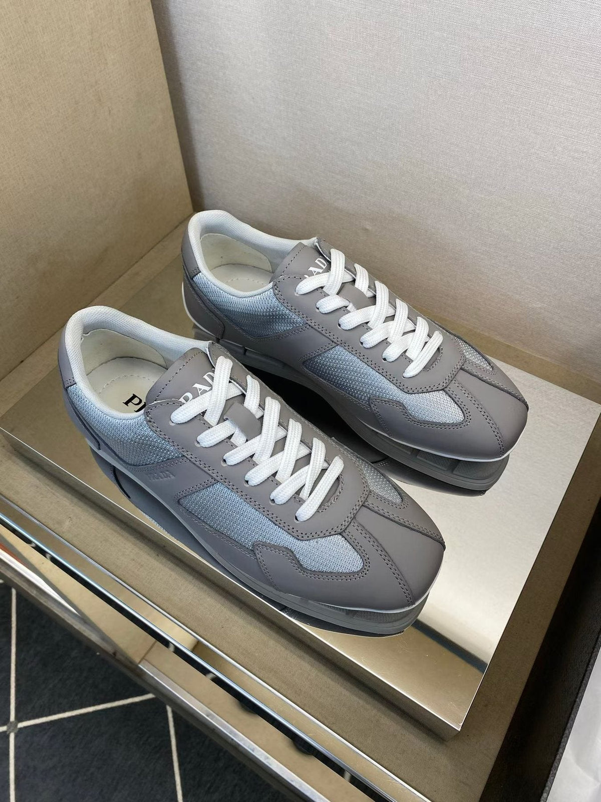 Prada Men's Gray and White Low-Top Sneakers