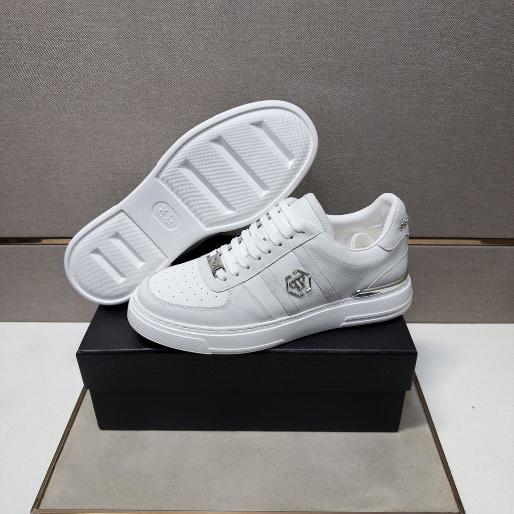 Philipp Plein White Low-Top Sneakers with Silver Accents