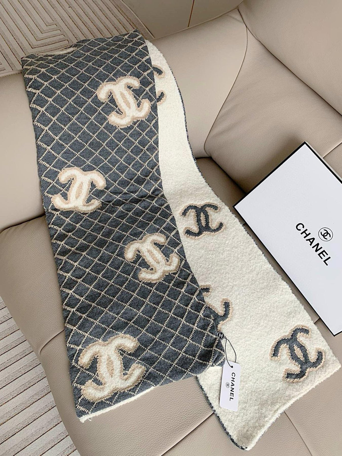Chanel Gray & Ivory Diamond-Pattern Scarf