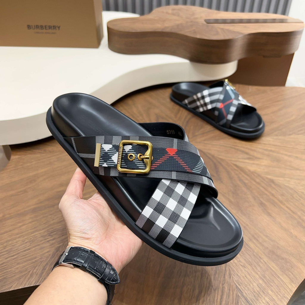 Burberry Checked Cross-Strap Slide Sandals