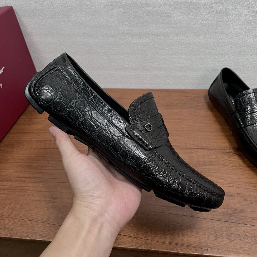 Ferragamo Black Crocodile-Embossed Driving Loafers
