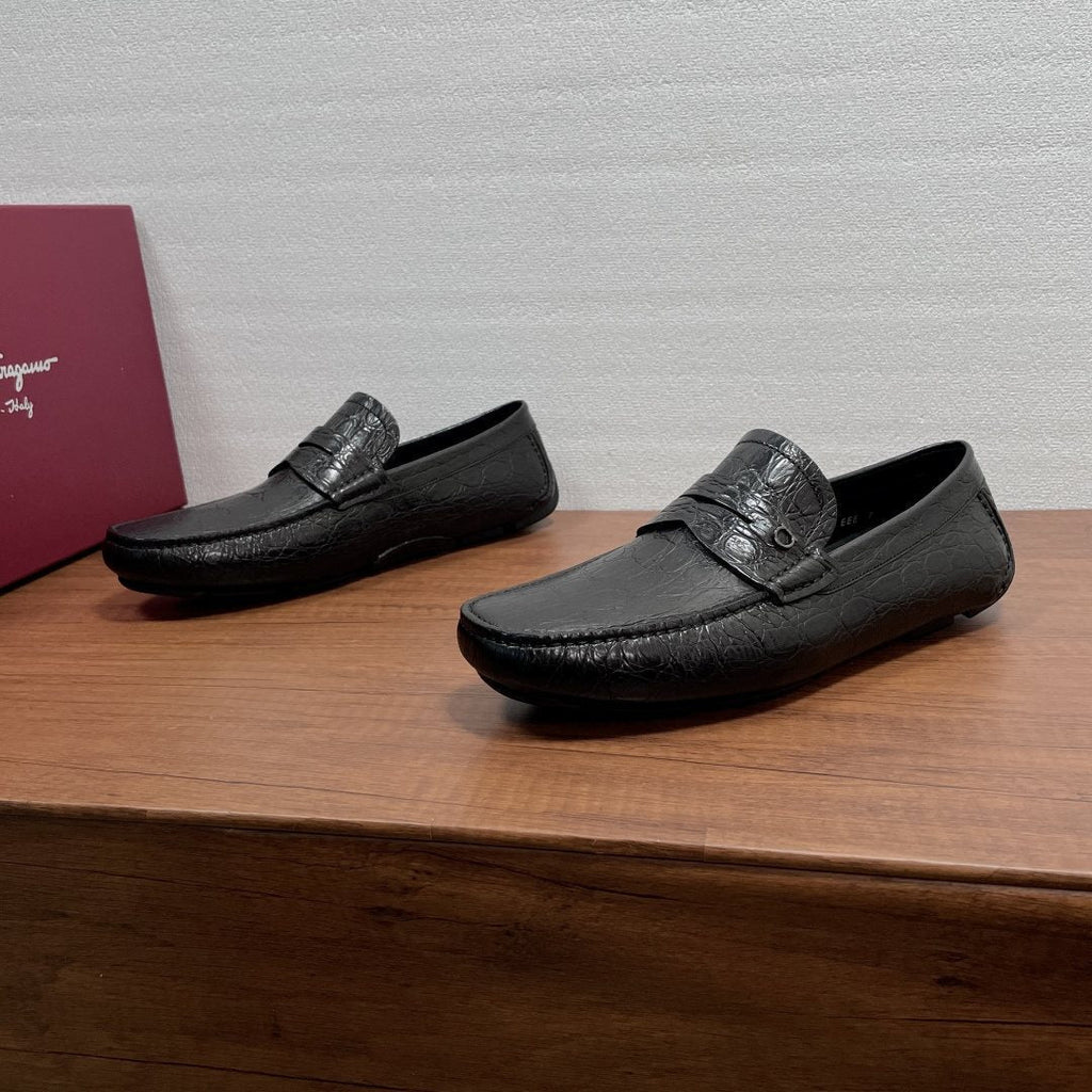 Ferragamo Black Crocodile-Embossed Driving Loafers