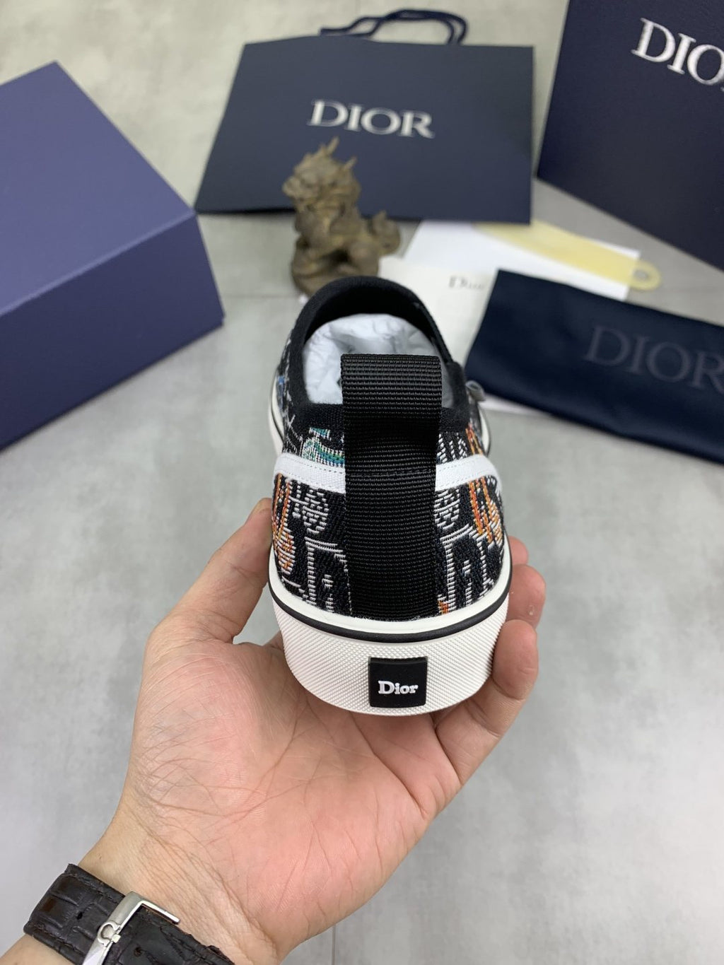 Dior Graphic Canvas Slip-On Sneakers - Black, White and Tan