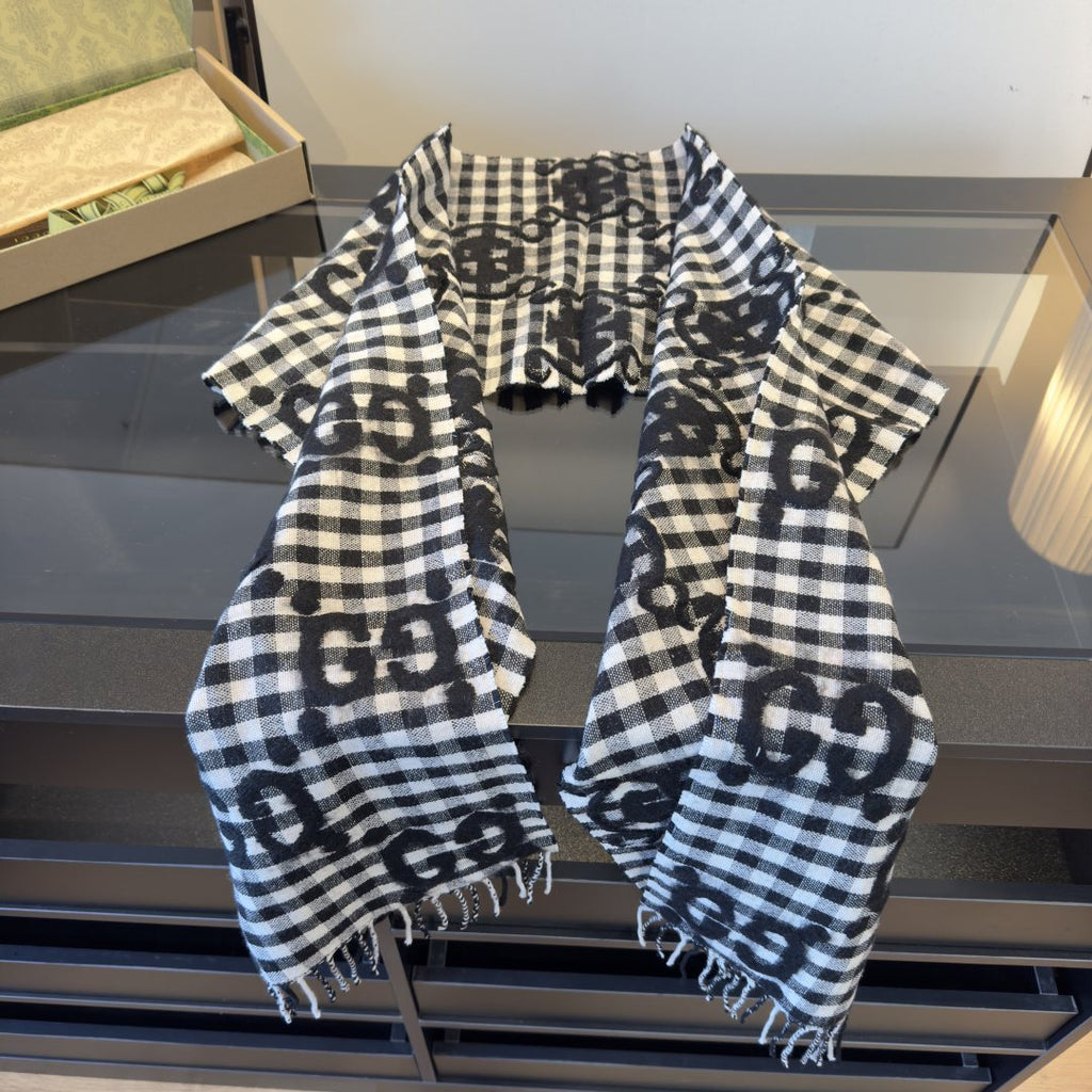Gucci Black and White Check Fringe Scarf