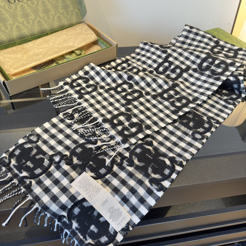 Gucci Black and White Check Fringe Scarf