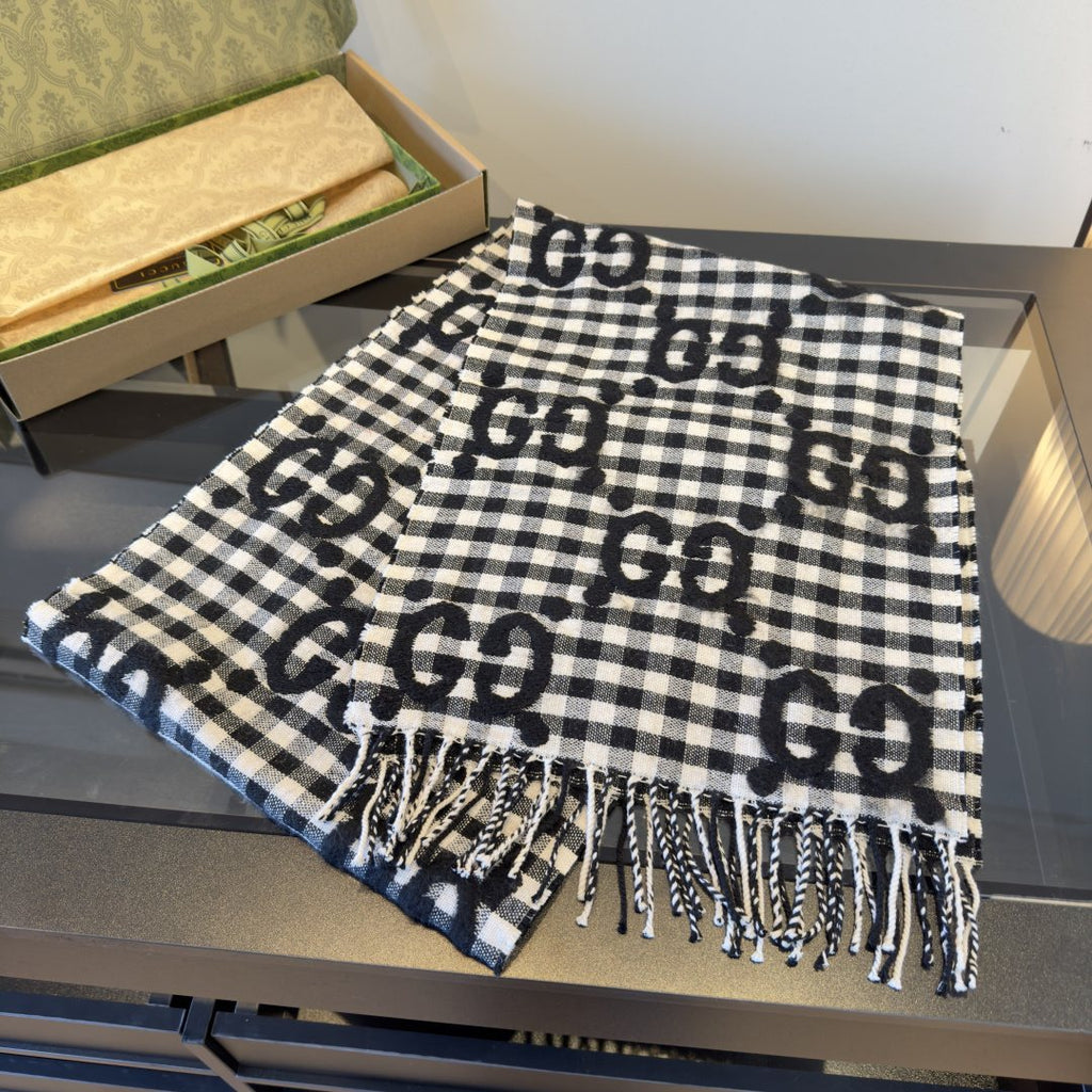 Gucci Black and White Check Fringe Scarf