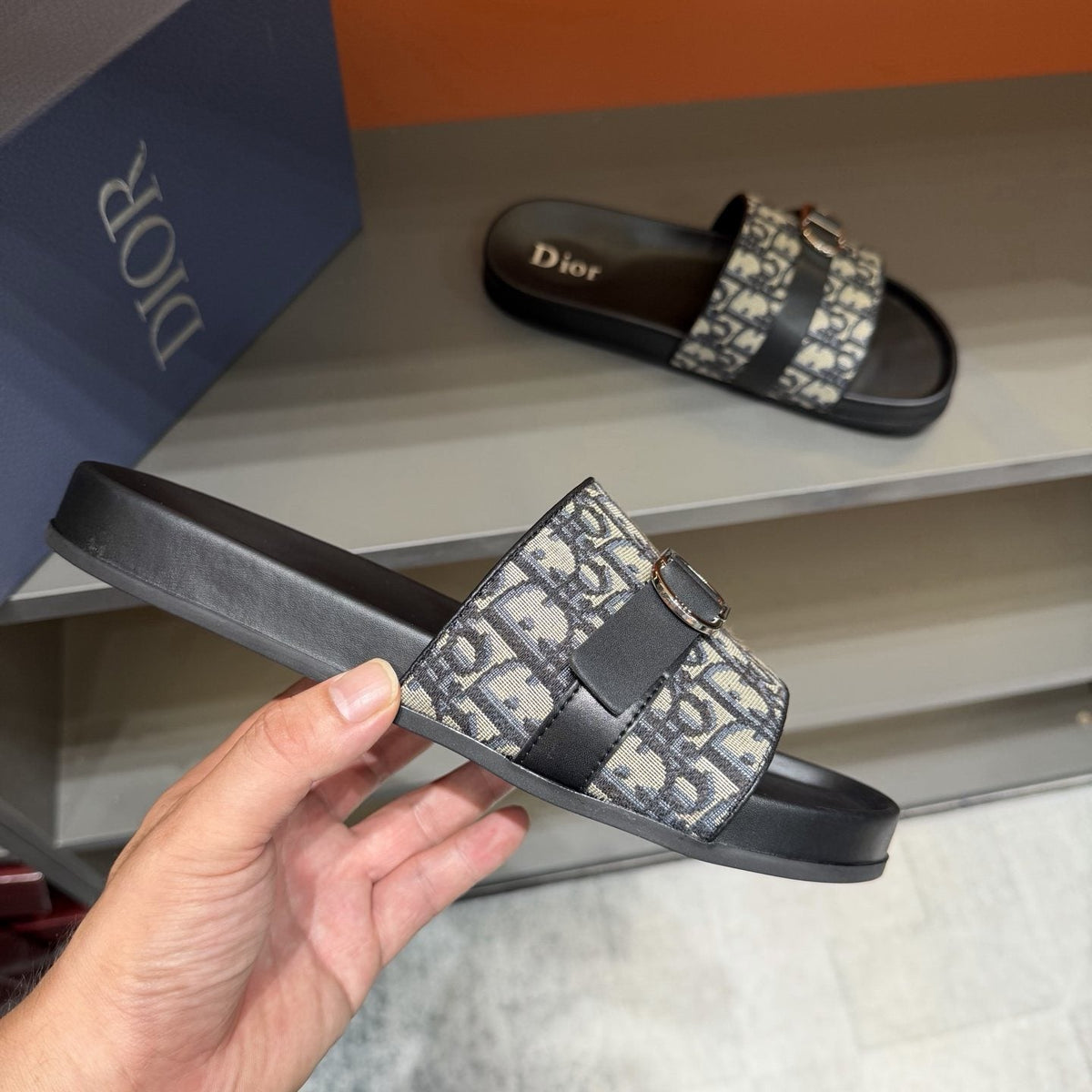 Dior Blue-Gray Pattern Slide Sandals