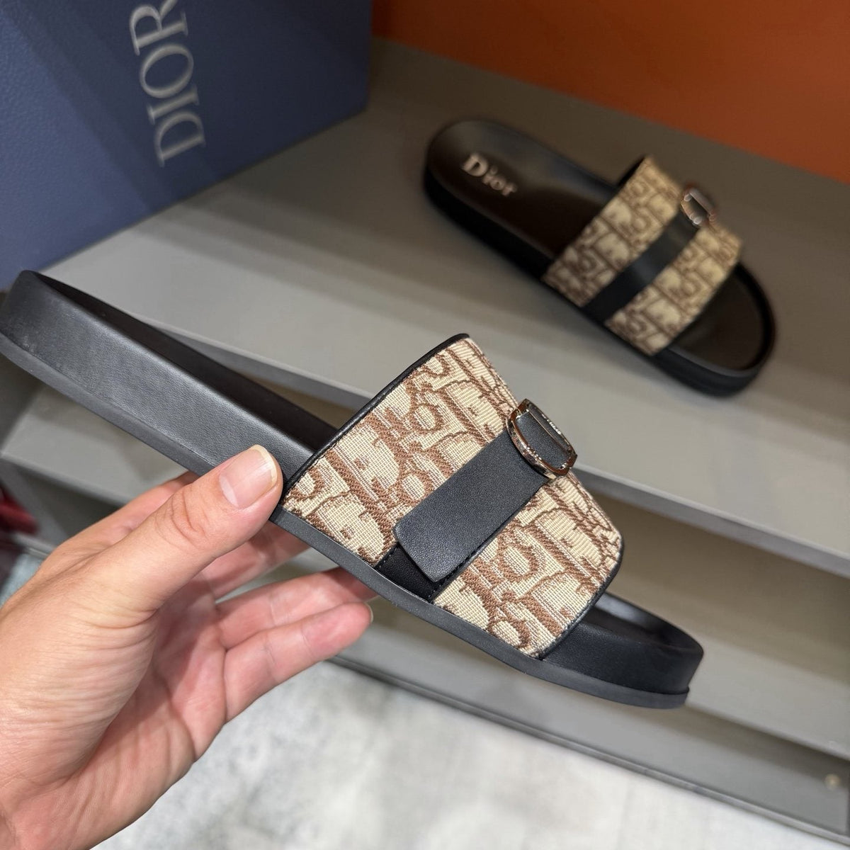 Dior Blue-Gray Pattern Slide Sandals