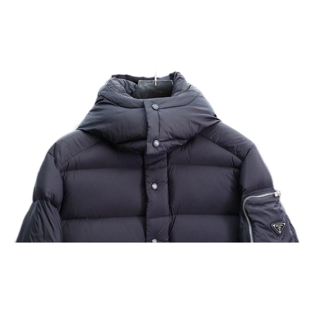 Prada Hooded Puffer Jacket with Signature Sleeve Pouch